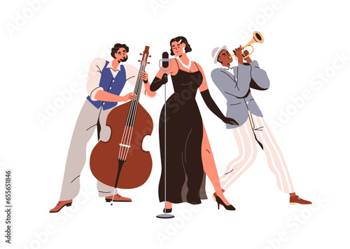 Jazz band with woman singer at microphone and music instrument players. Female vocalist singing, musicians playing double bass, trumpet. Flat graphic vector illustration isolated on white background