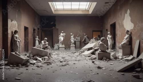 An abandoned museum room with broken marble statues photo