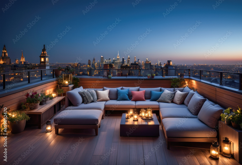 Fototapeta premium A luxurious and comfortable rooftop terrace with a panoramic view in a large city building