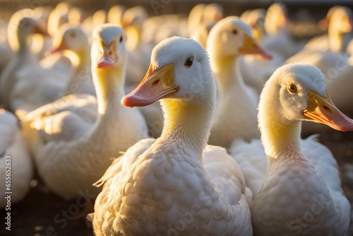 Healthy ducks in the coop, livestock industry, poultry raising. generative Ai