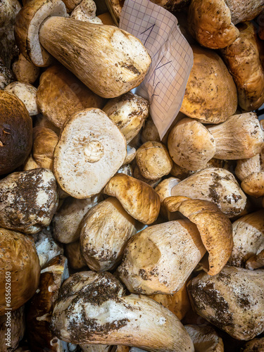 Boletus mushrooms (Boletus Edulis) in a box of a market.