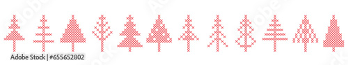 Set of Christmas tree peasant folk rustic motif. line, braid, frame, border from cross stitch fir tree