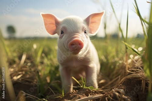 Healthy and happy baby pigs in the green field. Ai generative © Attasit