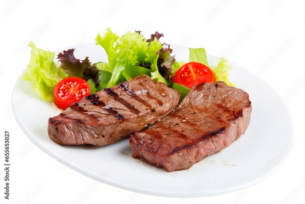 A delicious meal consisting of meat and salad on a white plate