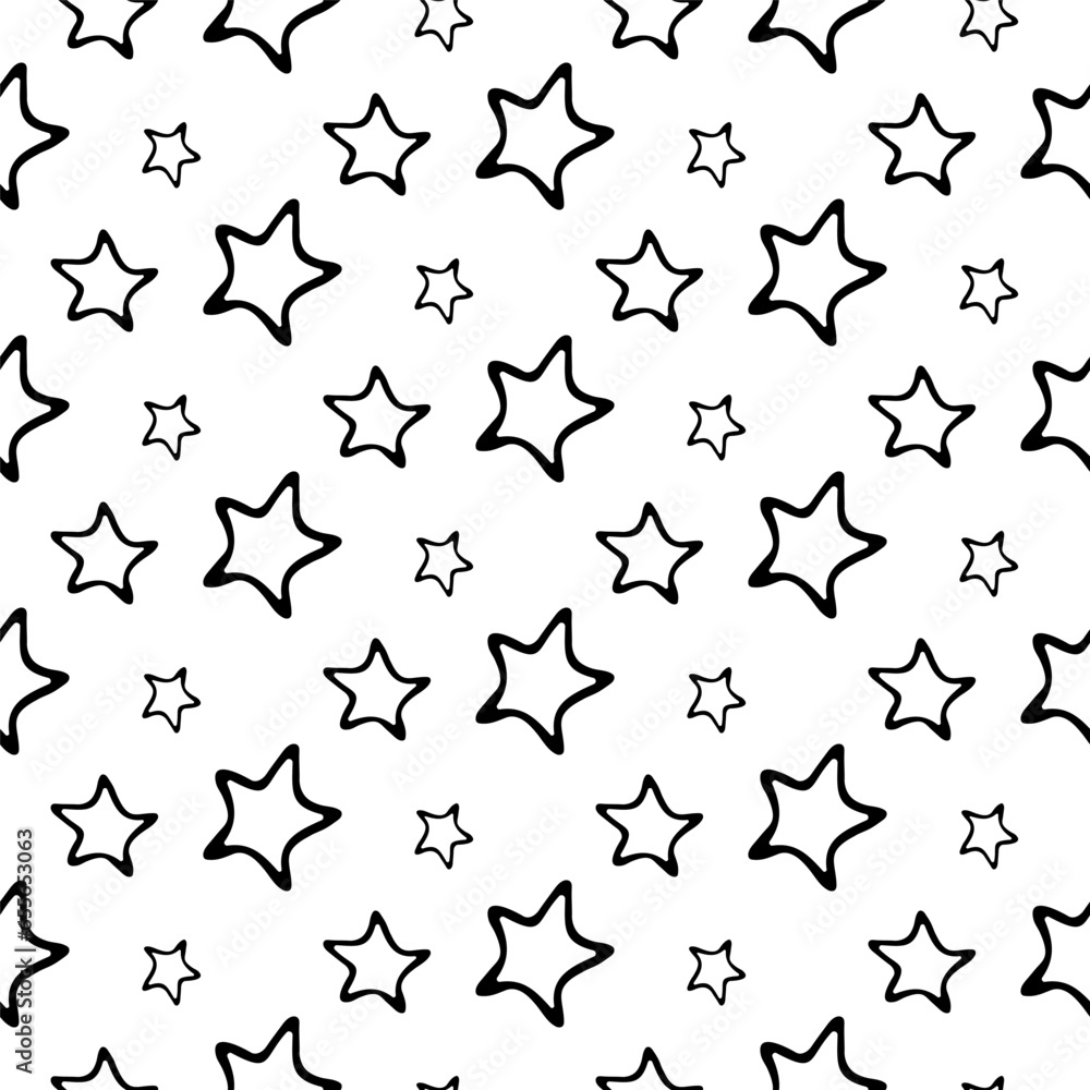 Fototapeta premium Seamless background with hand drawn stars on white. Christmas or New Year pattern. Festive wrap