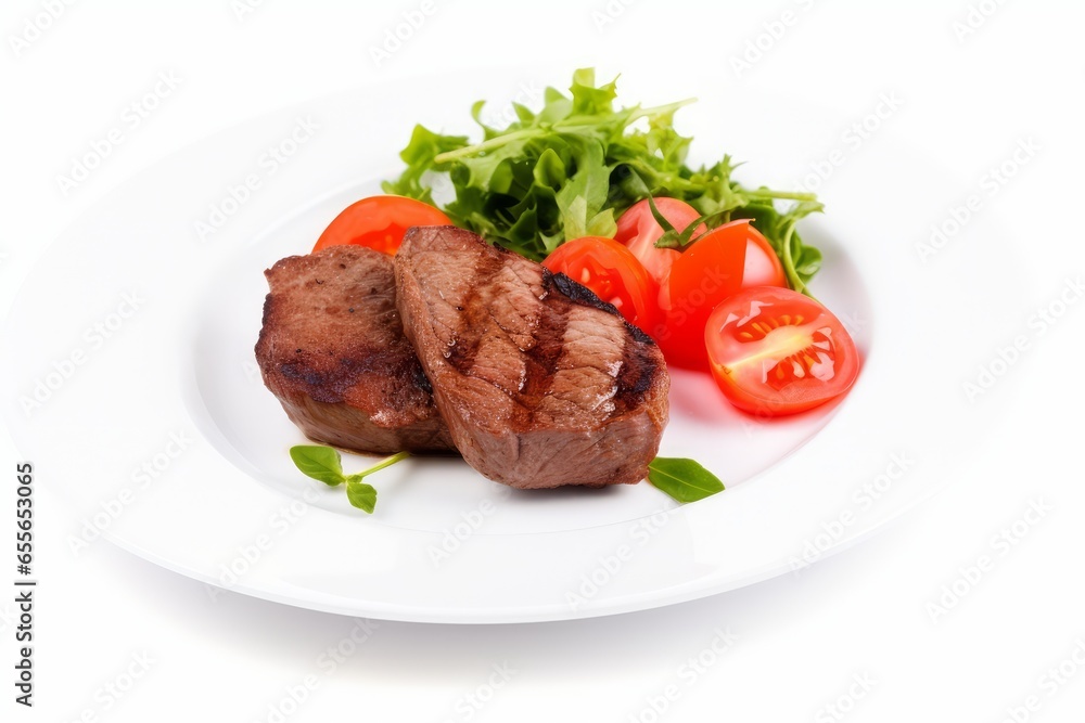 A delicious and healthy meal with a variety of meat and vegetables on a white plate A delicious and healthy meal with a variety of meat and vegetables on a white plate