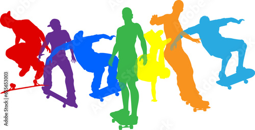 Skateboarders skateboarding on skate boards silhouette people set. Active sports people healthy players fitness silhouettes concept.