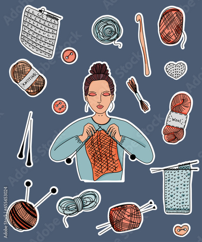 Knitting concept. Knitting skein sticker set. Woman knitting. Threads, yarn, needlework.  Doodle style, hand illustrations