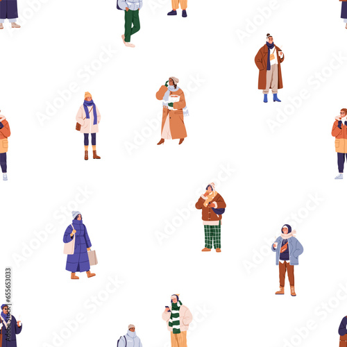 People in winter clothes, warm outfits, seamless pattern. Happy characters in...