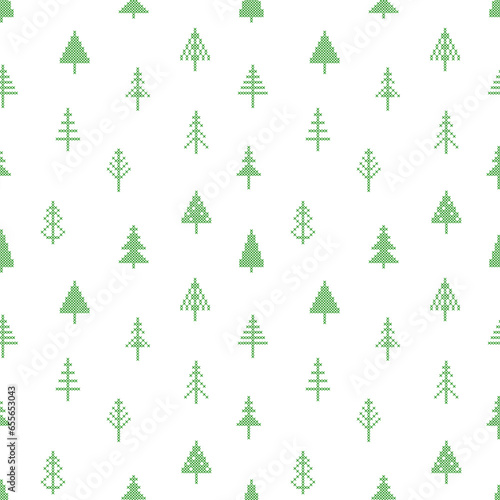 Seamless Pattern with Christmas tree in peasant folk rustic motif. cross stitch background with fir tree