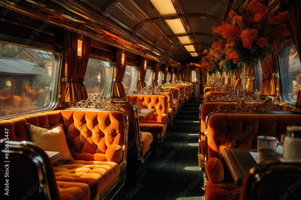 Fototapeta premium A private train with leather seats and a tray table in the style of modern luxury, overlooking the sky through a window. Generative AI