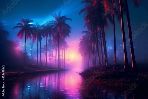 Neon-lit palm trees in foggy tropical landscape. Artistic view. Generative AI © Jaxon