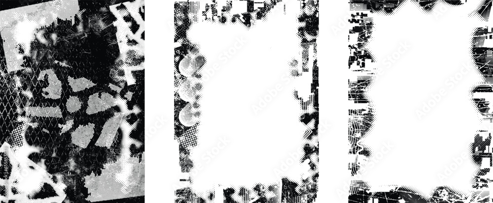 Glitch distorted grungy isolated layers . Design element for brochure, social media, posters, flyers. Overlay texture.Textured banner with Distress effect .Vector halftone dots . Screen print texture Glitch distorted grungy isolated layers . Design element for brochure, social media, posters, flyers. Overlay texture.Textured banner with Distress effect .Vector halftone dots . Screen print texture