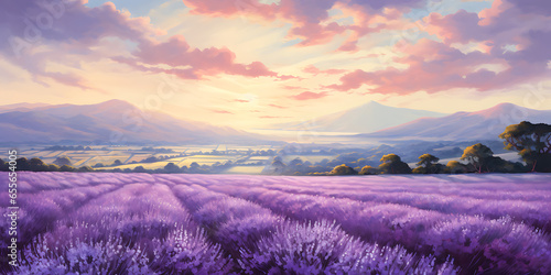 A picturesque landscape of endless lavender fields in full bloom stretching towards distant hills under a soft  lavender-hued sky that radiates tranquility and natural beauty   