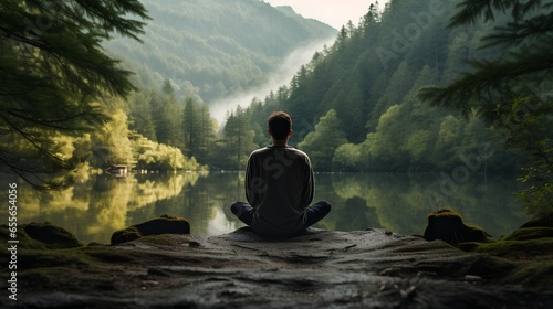 Man deeply engrossed in practicing mindfulness and meditation, seated in a lotus position with lush beautiful greenery of a tranquil jungle, embodying the essence of zen. Calm and serene thoughts.