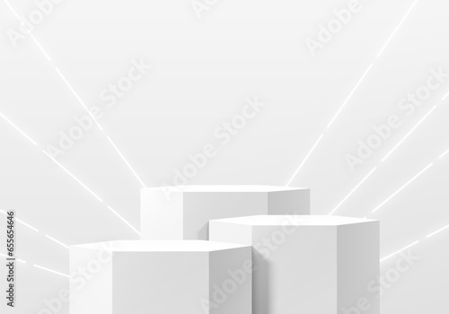 Realistic white 3D hexagon stand or podium set with illuminate lighting lines neon lamp. Product display mockup presentation. Abstract minimal wall scene. Stage showcase. Platforms vector geometric.