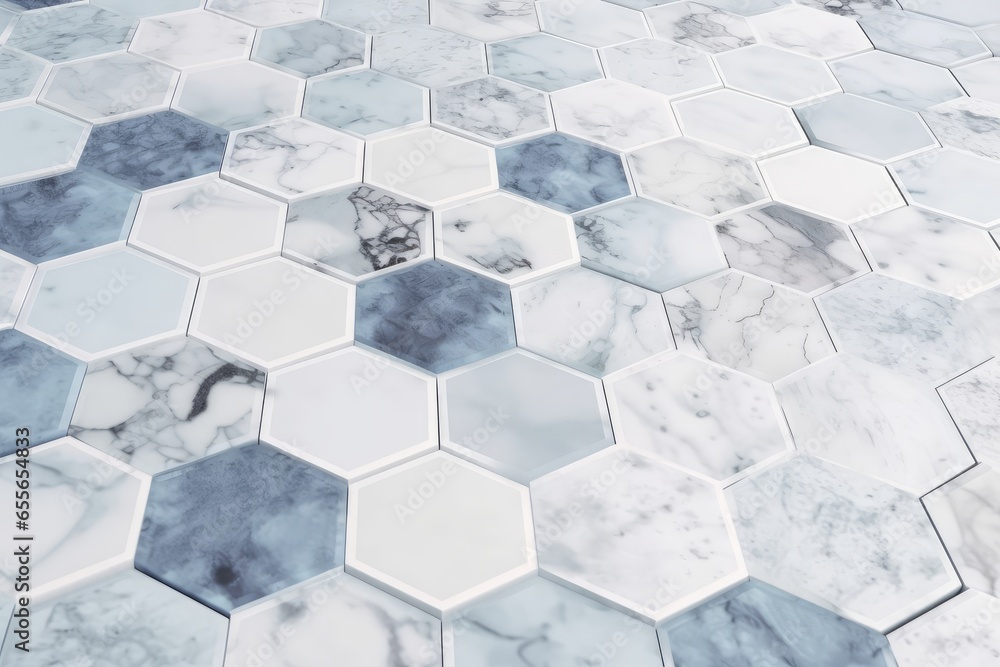 A close-up view of a beautifully patterned marble floor with hexagonal tiles A close-up view of a beautifully patterned marble floor with hexagonal tiles