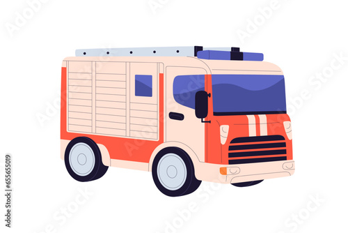 Fire truck, engine. Firetruck, emergency vehicle. Firefighting car, lorry. Firefighters auto transport with professional gears, ladder. Flat vector illustration isolated on white background