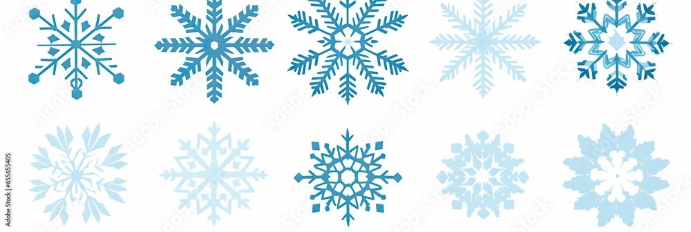 Winter and Christmas background of assorted blue and white snowflakes on a white background. Generative AI Winter and Christmas background of assorted blue and white snowflakes on a white background. Generative AI