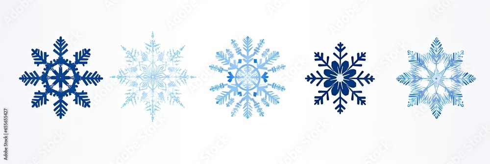 Winter and Christmas background of assorted blue and white snowflakes on a white background. Generative AI Winter and Christmas background of assorted blue and white snowflakes on a white background. Generative AI
