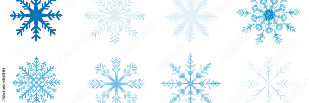 Winter and Christmas background of assorted blue and white snowflakes on a white background. Generative AI Winter and Christmas background of assorted blue and white snowflakes on a white background. Generative AI
