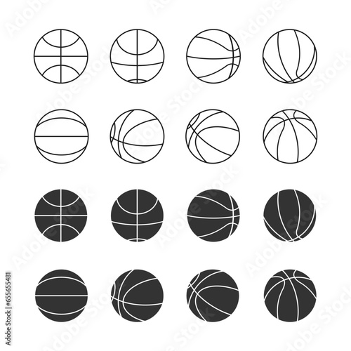 set of basketball balls logo icons. white and black color icons. vector isolated on white background.