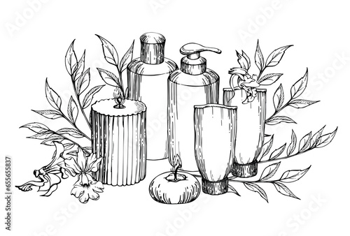Hand drawn vector ink spa skincare bath beauty products package flowers. Horizontal composition Isolated on white background. Design for wall art, wellness resort, print, fabric, cover, card, booklet.