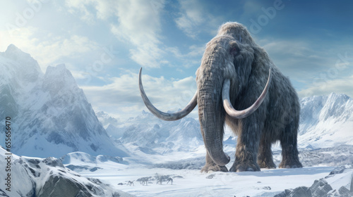 Mammoth walking on the snow in the winter.