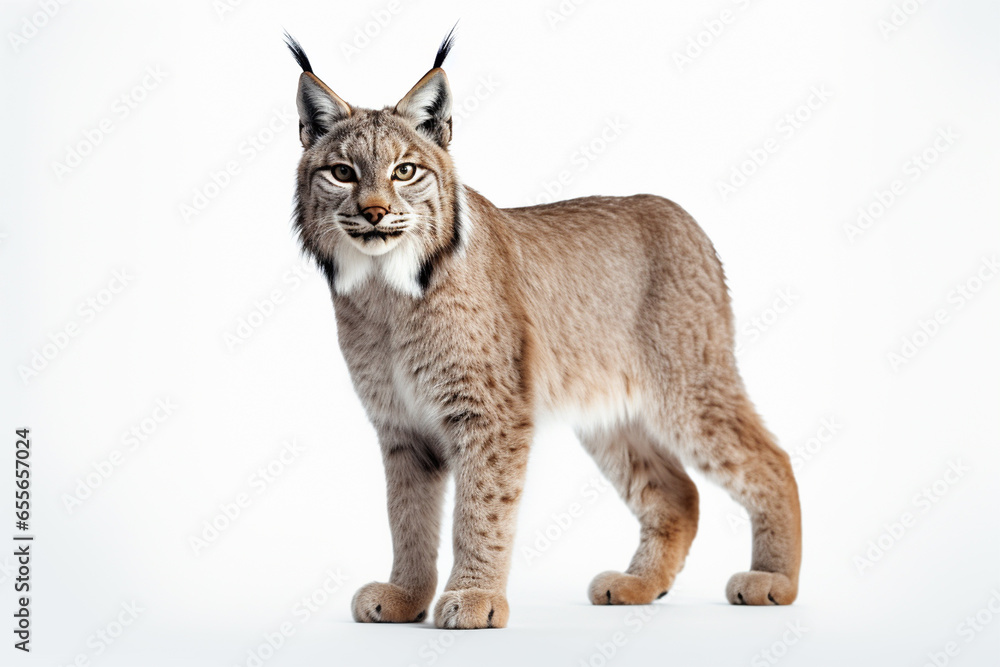 Eurasian lynx, isolated on white background, side view