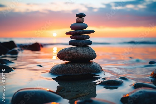 Stack of round smooth stones on a seashore, sunset. Mental health and meditation concept. Generated by artificial intelligence photo