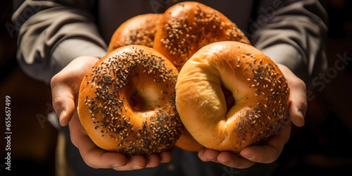 Close up of hands of non recognizable people handling American bagels. © Cala Serrano