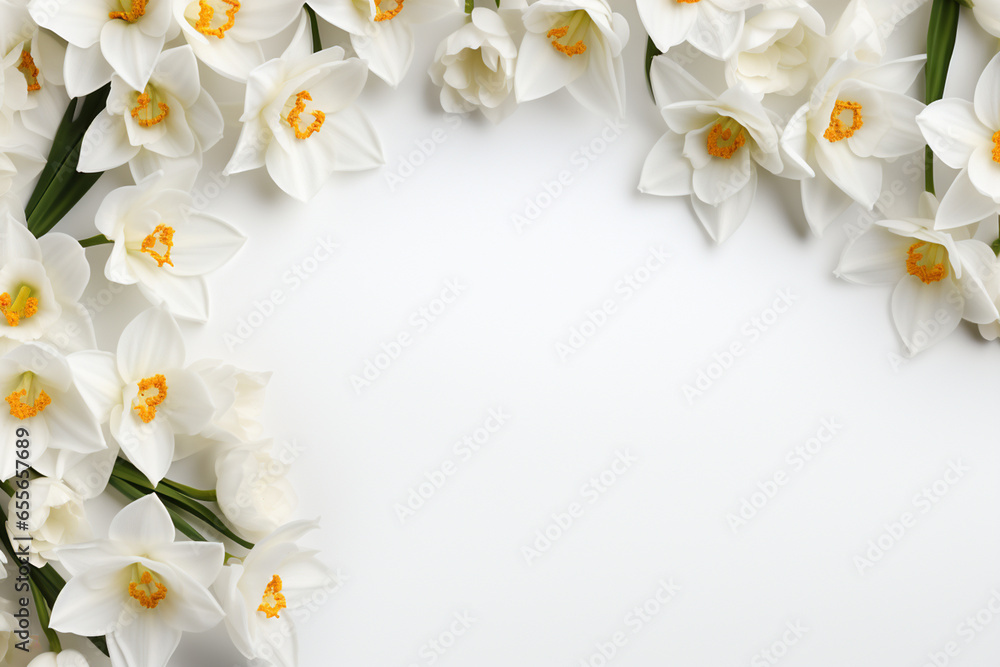 Beautiful daffodils on white background, top view. Space for text