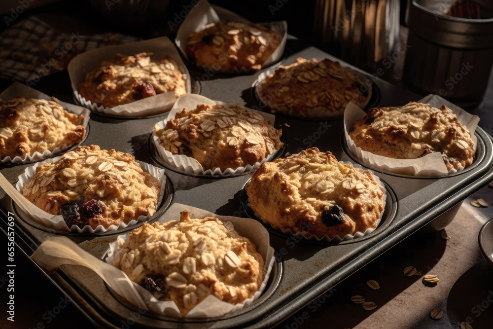 Baked fresh oats muffins on a baking sheet in oven. Concept of healthy food Baked fresh oats muffins on a baking sheet in oven. Concept of healthy food