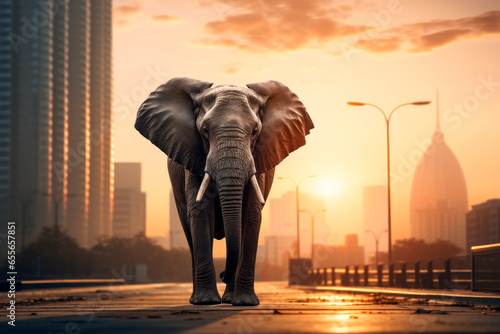 Fototapeta Naklejka Na Ścianę i Meble -  Big elephant in the city walking on the road