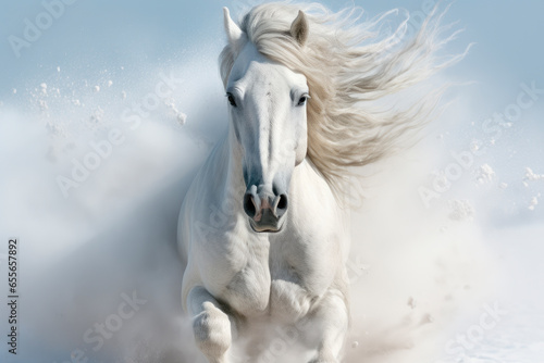 White horse with long mane galloping across winter snowy field