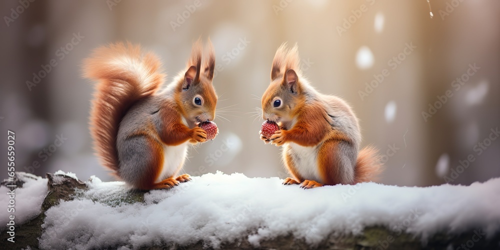 Cute red squirrel eats a nut in the winter forest - obrazy, fototapety, plakaty 