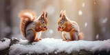 Cute red squirrel eats a nut in the winter forest