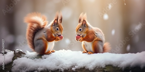 Cute red squirrel eats a nut in the winter forest photo