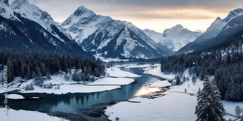 Winter river in snow forest landscape © Zaleman