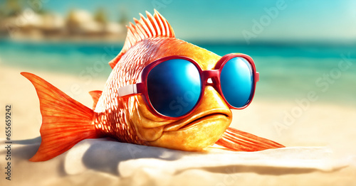 Cute funny fish wear sunglass taking sunbathing in beach, summer concept, with copy space for text