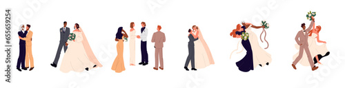 Newlywed family set. LGBT, homosexual couple wedding. Marriage ceremony. Woman, bride and groom hug, kiss. Husband and wife in bridal dress with flowers. Flat isolated vector illustration on white