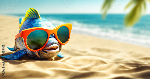 Cute funny fish smiling wear sunglass taking sunbathing in beach, summer concept. 