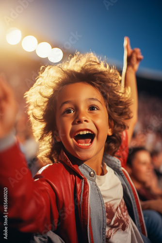 A happy child celebrates in the stands of a stadium