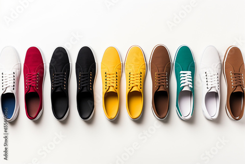 top view of multicolored sneakers arranged in row isolated on white