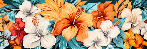 Tropical Hawaiian floral fabric background illustrating diverse authentic island blossoms 
