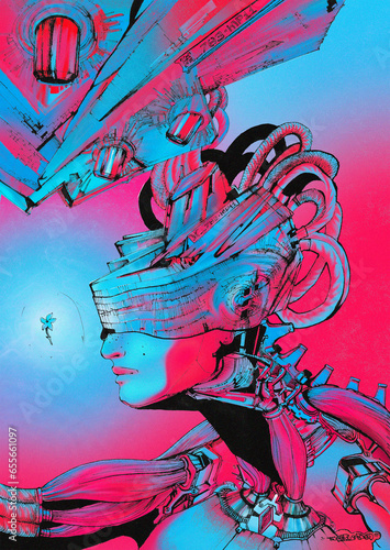 Beautiful sci-fi poster in traditional graphic style. JPEG. Futuristic android looking on the flower in gradient ambient.	
