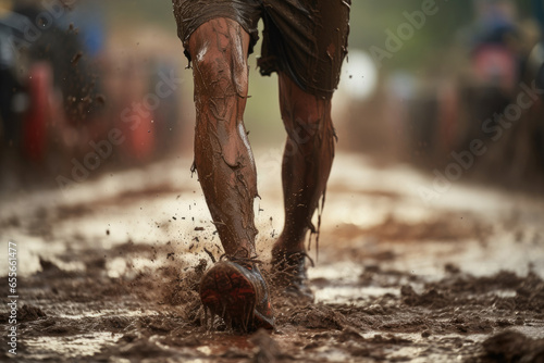 Close up athlete feet trail running with raining day. Sport and Healthy concept. Generative AI