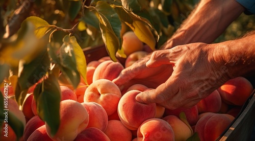 peaches in a hand,. peaches on a tree, peach tree in the garden, harvest for peaches, close-up of hands picking up of peaches