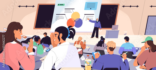 Higher education. Teacher, professor explain class. Academic, speaker, doctor presenting course to student audience in auditorium. People study in university classroom. Flat vector illustration