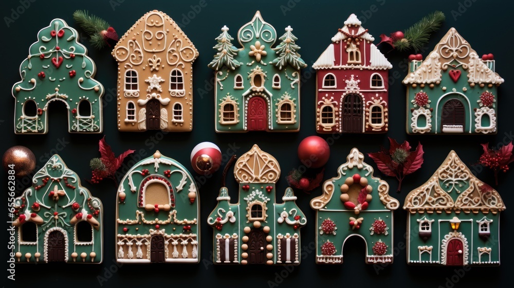 Homemade gingerbread houses. Christmas and Happy New Year background. Flatlay, top view.